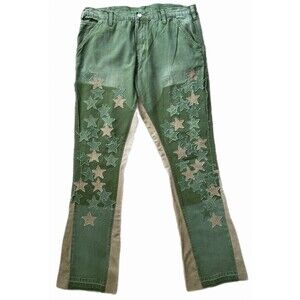 MNML Green Stars Denim Jeans Flare Button Fly Men’s Size 36 Cotton